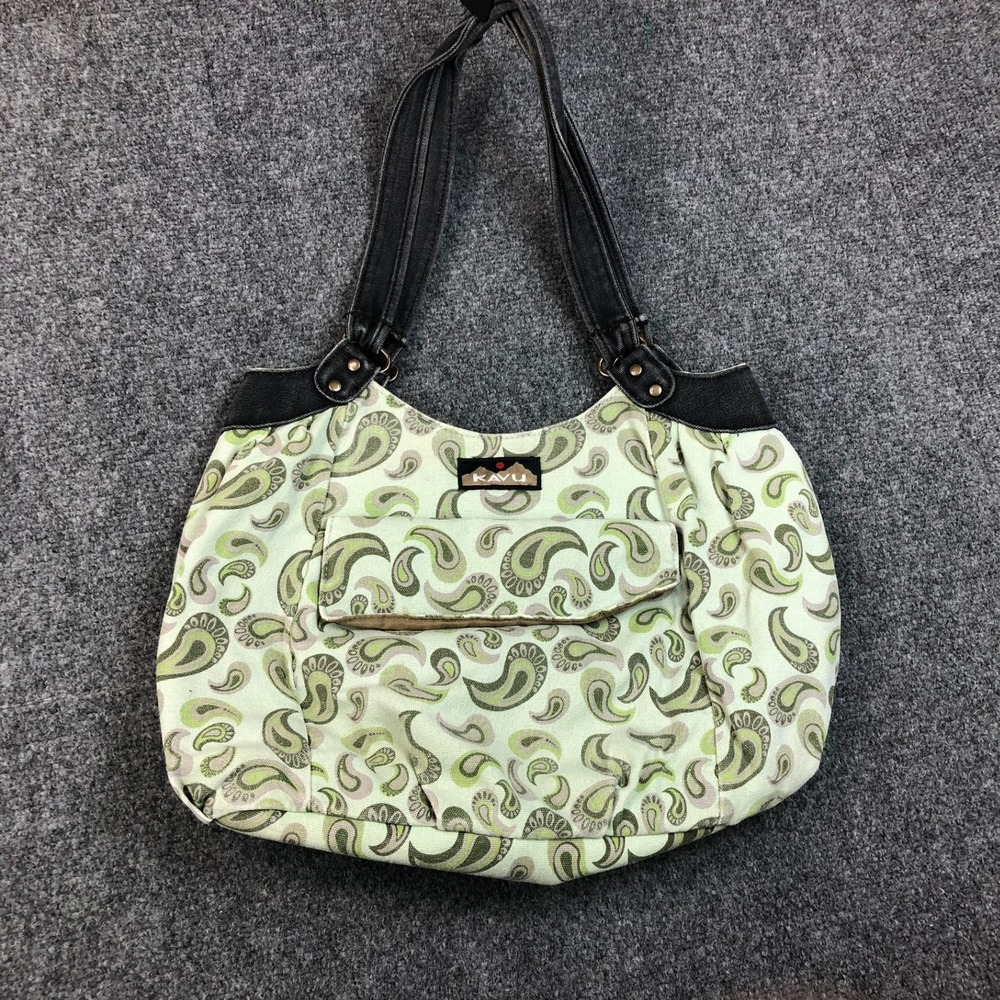 KAVU Green Paisley Canvas Shoulder Bag Hobo Tote Front Pocket Cotton